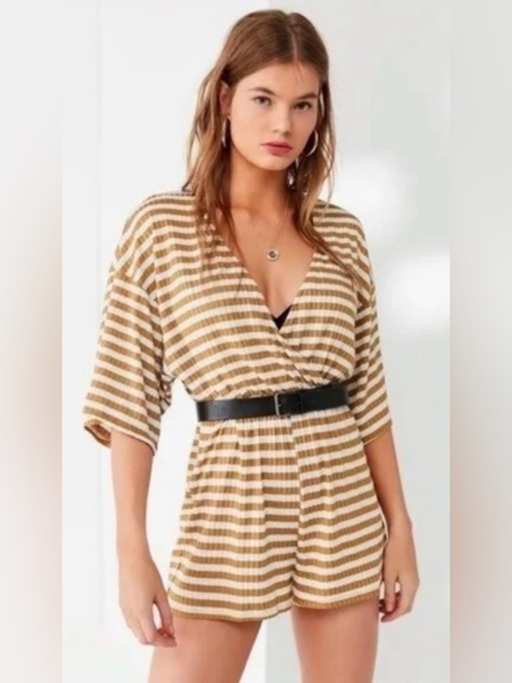 Urban Outfitters - Stripe Ribbed Knit Maize Surplice Deep V Short Romper Small